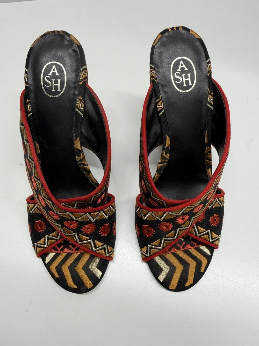 Ash Adel Mule Sandals High Heel Shoes Open Toe Geometric Embroidered Black 9